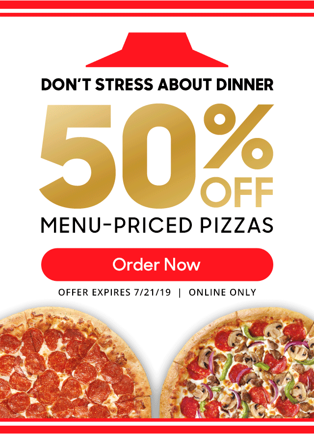 Get 50% Off Menu-Priced Pizzas Today!