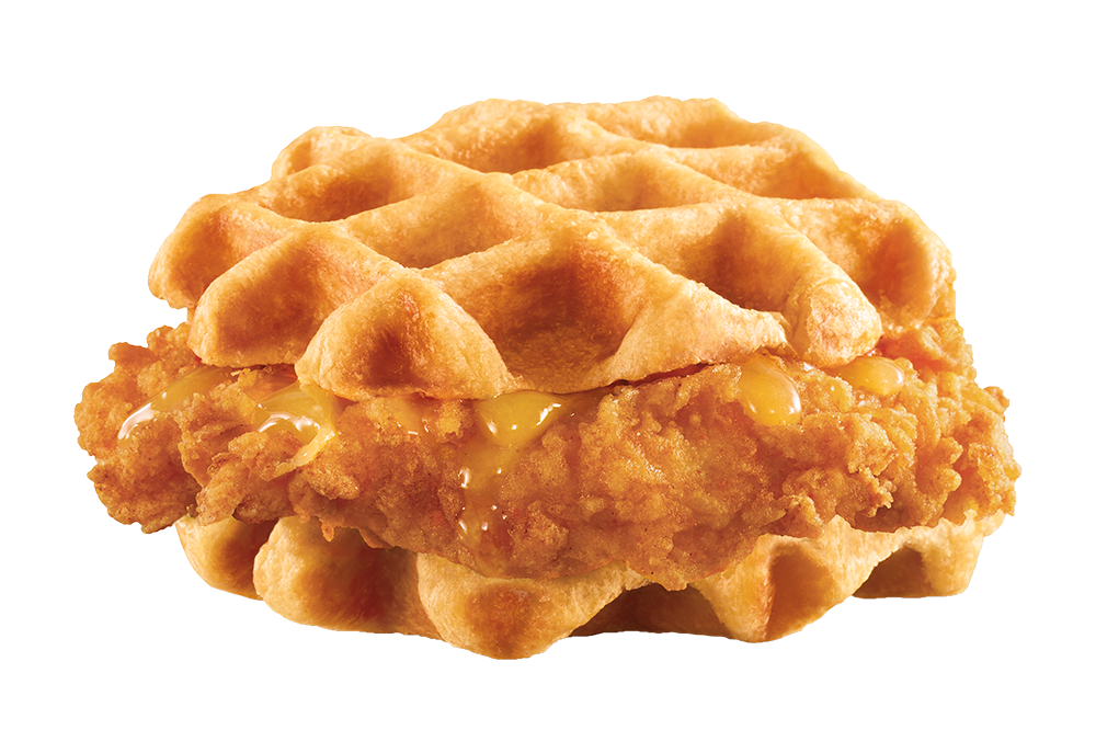 Hand-breaded chicken and waffle sandwich