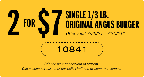 2 for $7 Single 1/3 lb. Original Angus Burger. Coupon Code: 10841