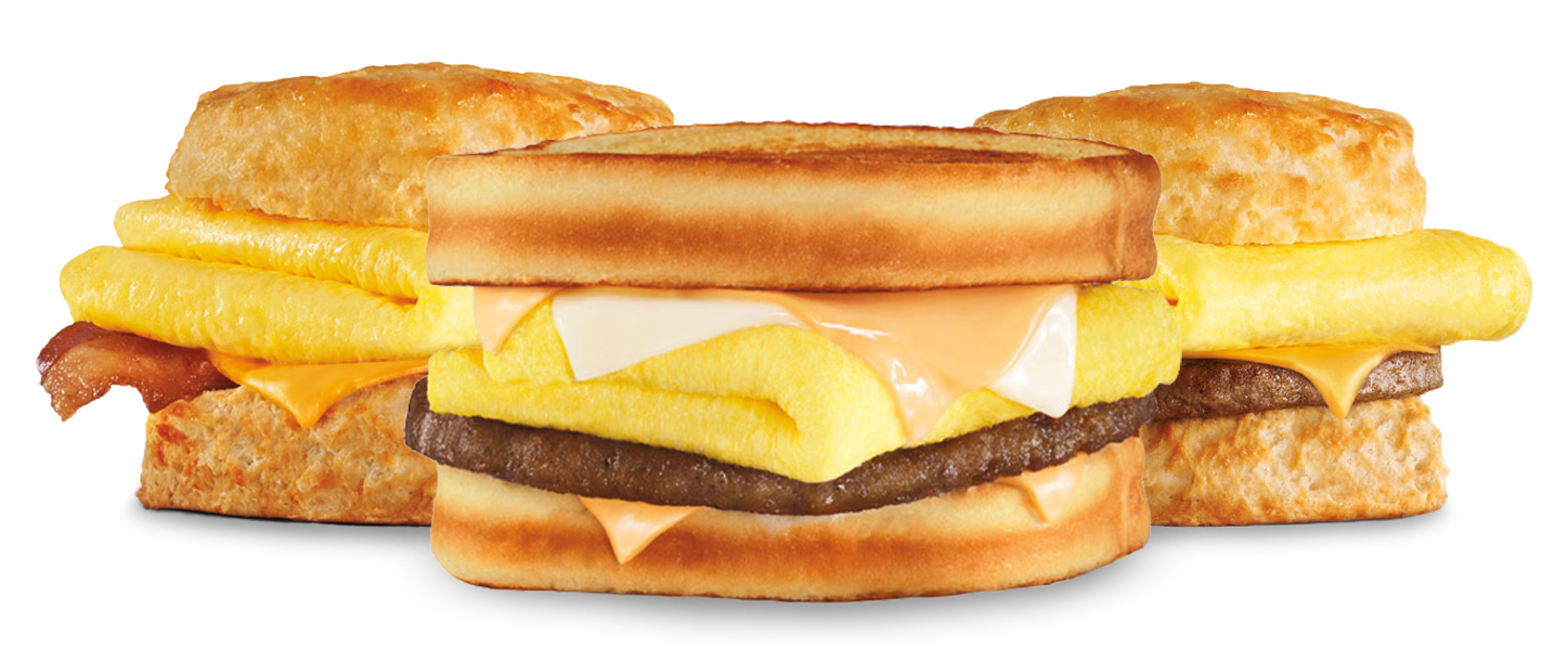Bacon, Egg and Cheese Biscuit, Grilled Cheese Breakfast Sandwich and Sausage, Egg and Cheese Biscuit