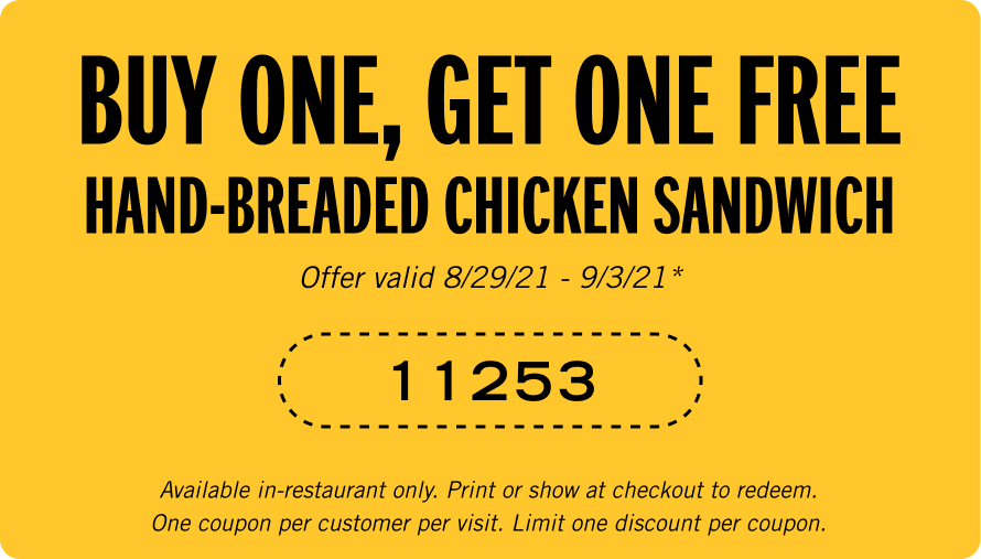 Buy One Get One Free Hand-Breaded Chicken Sandwich Coupon Code: 11253