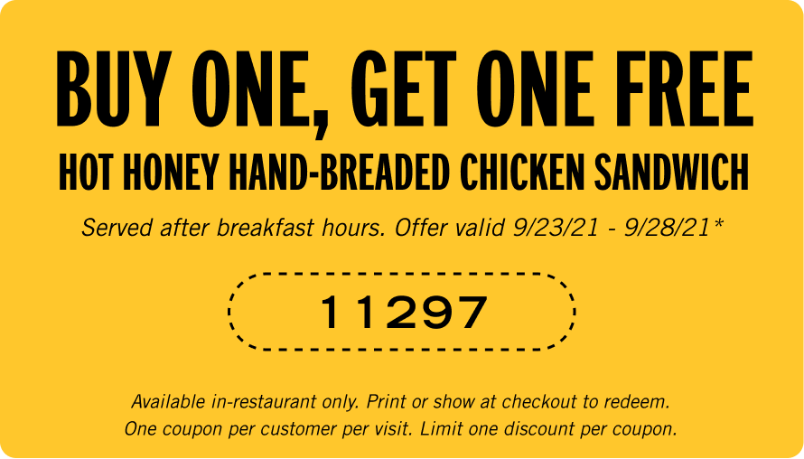BOGO Hot Honey Hand-Breaded Chicken Sandwich - Coupon Code: 11297